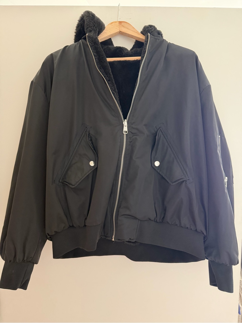 Zara Black Hooded Bomber Double Sided Jacket